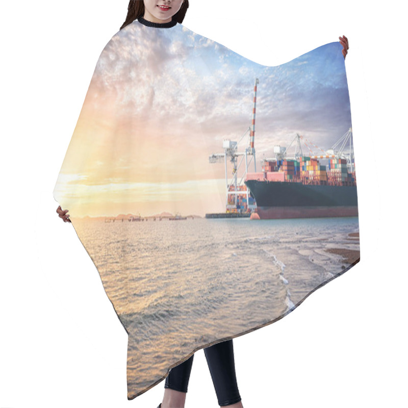 Personality  Logistics Import Export Background Of Container Cargo Ship In The Ocean St Sunset Sky Hair Cutting Cape