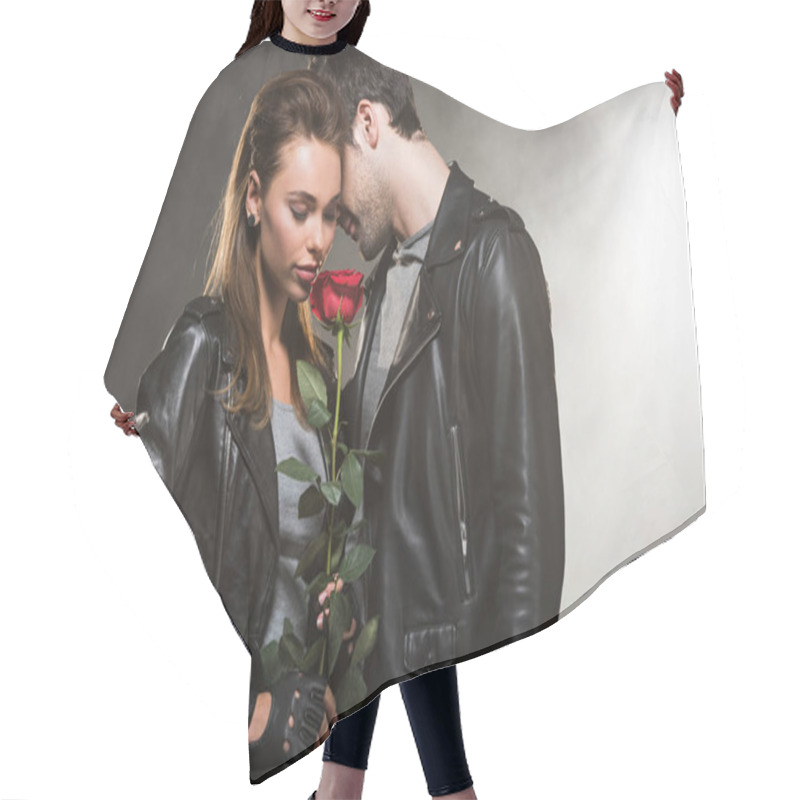 Personality  Beautiful Couple In Leather Jackets Posing With Red Rose On Smoky Background Hair Cutting Cape