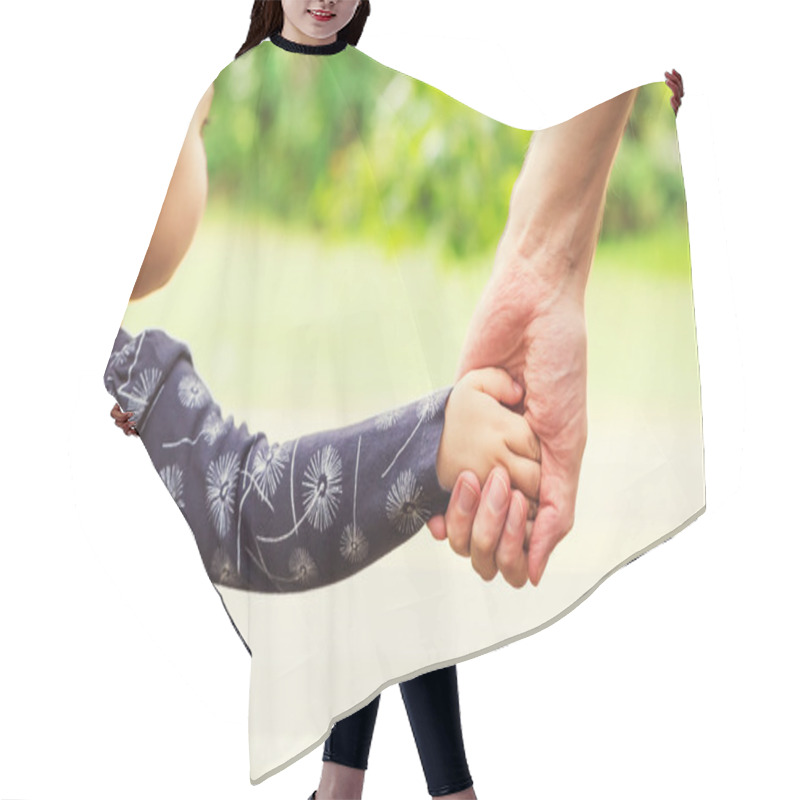 Personality  Toddler Girl Holding Hands With Her Father Hair Cutting Cape