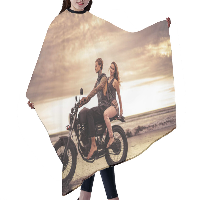 Personality  Couple Riding Motorcycle On Ocean Beach In Morning Hair Cutting Cape