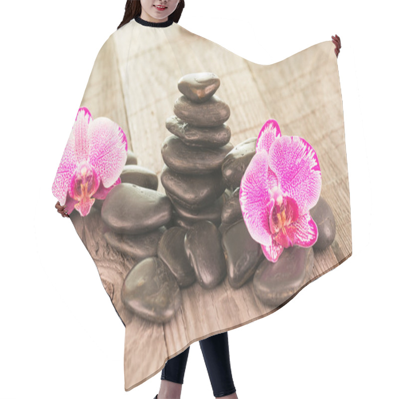 Personality  Fuchsia Moth Orchid And Black Stones On Weathered Deck Hair Cutting Cape