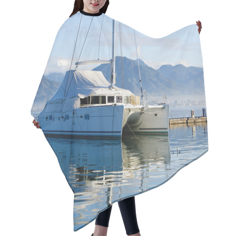 Personality  Big Sailing Catamaran Moored. Mountain Ladscape And Wave Breaking Pier. Hair Cutting Cape