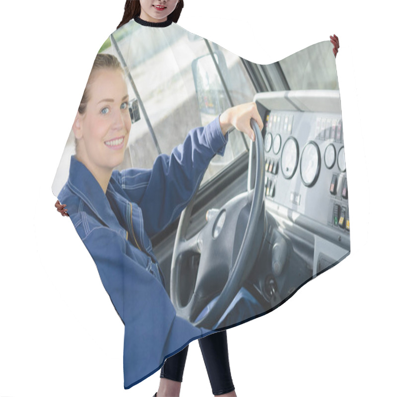 Personality  Portrait Of Woman In Cab Of Vehicle Hair Cutting Cape