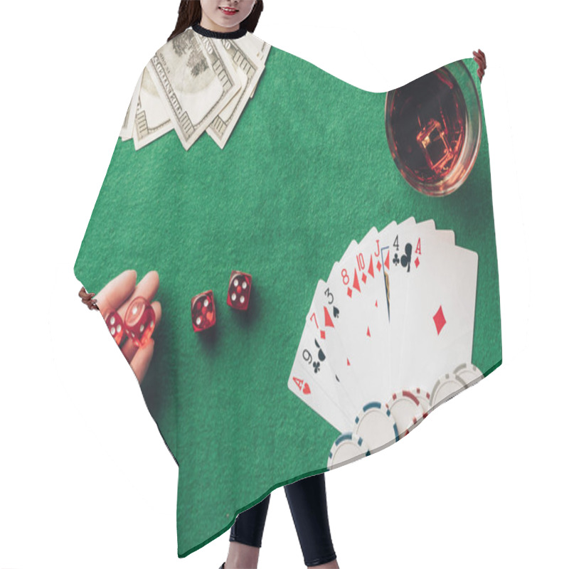 Personality  Female Hand Holding Dice By Casino Table With Money And Cards Hair Cutting Cape