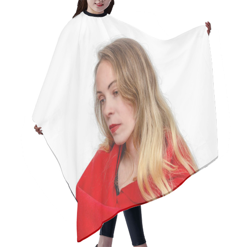 Personality  Portrait Of Thoughtful Blonde Woman Wrapped In Red Scarf, On White Background. Cozy Winter Mood Hair Cutting Cape