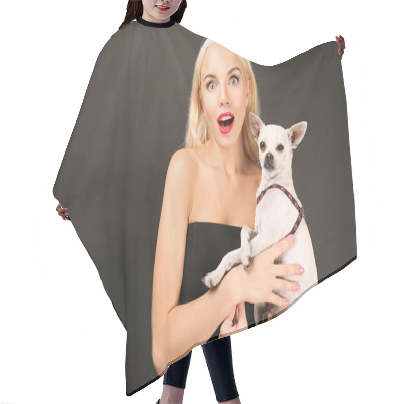 Personality  Girl Holding Cute Dog Hair Cutting Cape