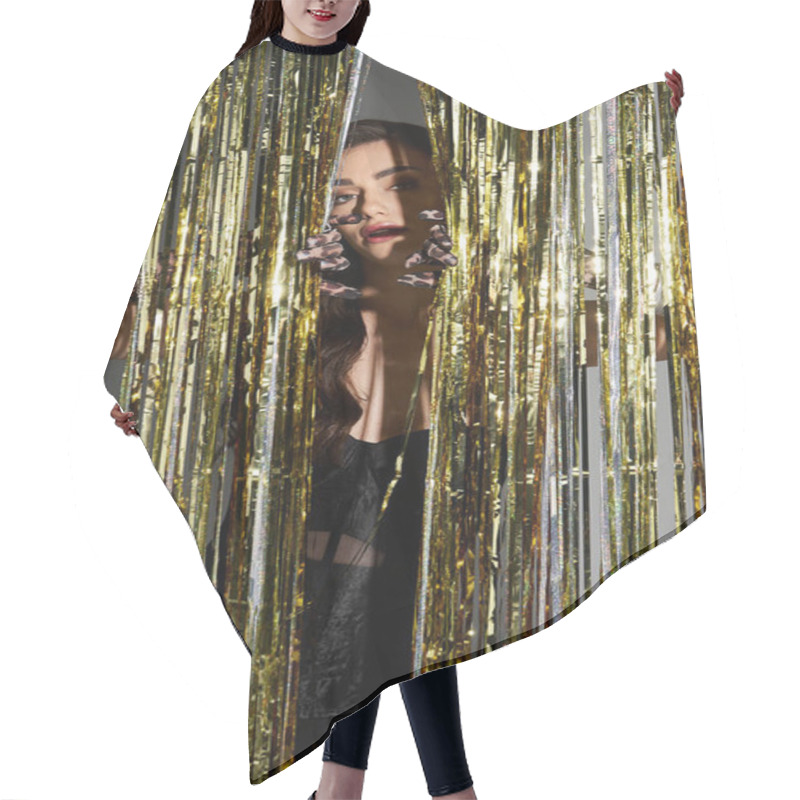 Personality  A Young Woman Stands Behind Glittering Curtains, Radiating Confidence And Playfulness. Hair Cutting Cape