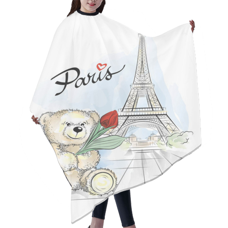 Personality  Postcard With Teddy Bear And Eiffel Tower From Paris, France Hair Cutting Cape