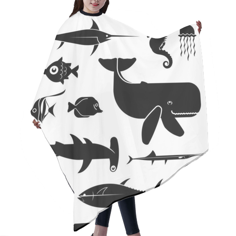 Personality  Set Of Geometrically Stylized Sea Animal Icons Hair Cutting Cape