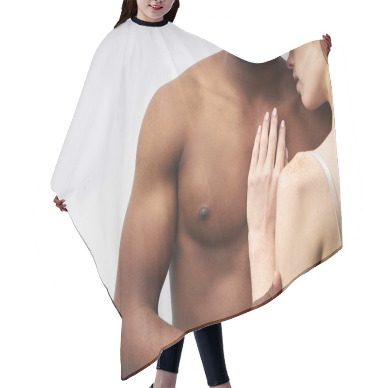 Personality  Cropped Interracial Couple On White Background Hair Cutting Cape