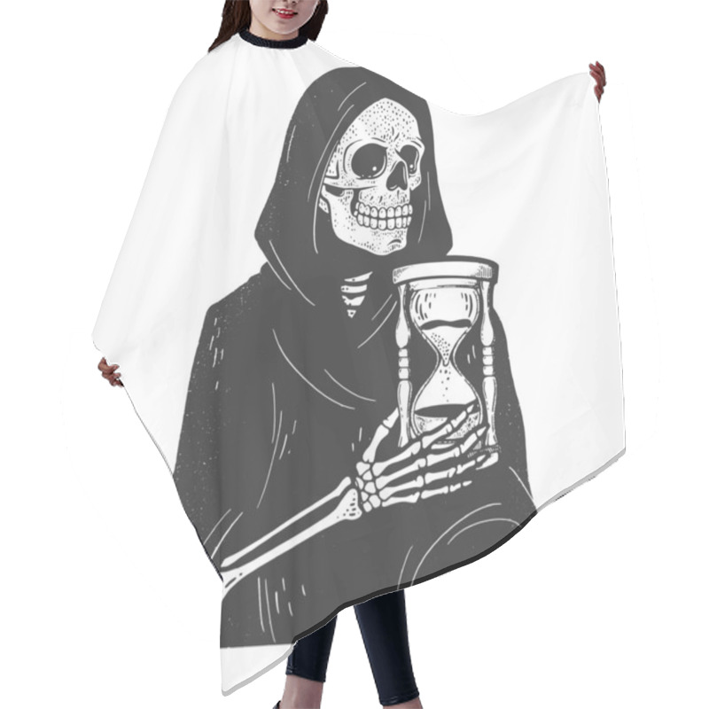 Personality  Grim Reaper Death Skeleton With Hourglass Sandglass Sketch Engraving Vector Illustration. T-shirt Apparel Print Design. Scratch Board Imitation. Black And White Hand Drawn Image. Hair Cutting Cape