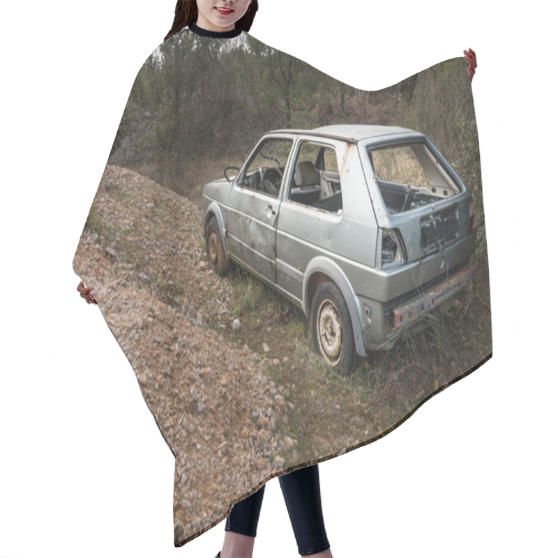 Personality  A Old Rusty Car Wreck Standing On A Field Hair Cutting Cape