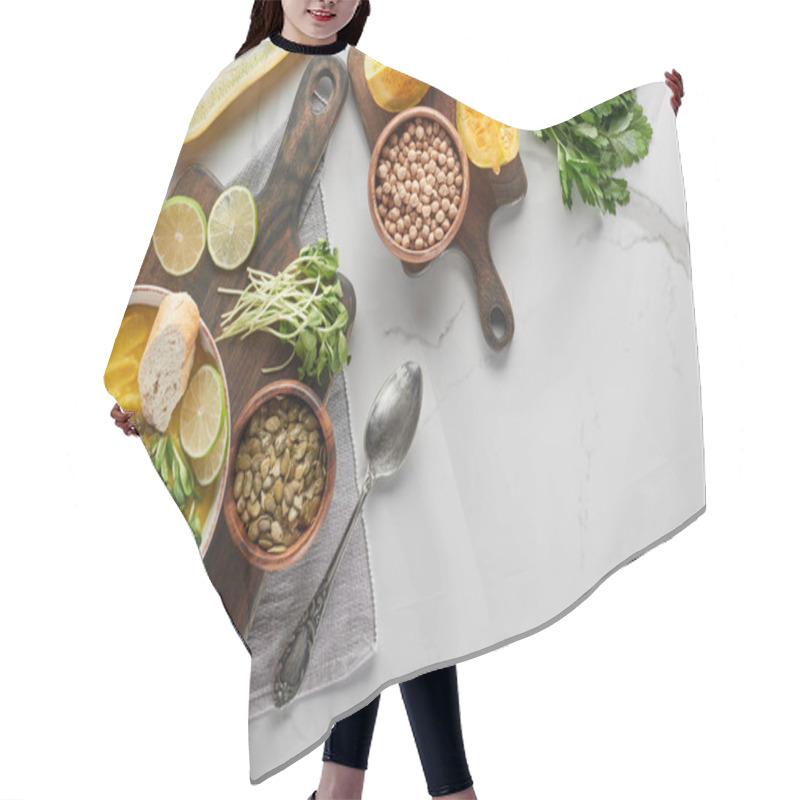 Personality  Top View Of Delicious Mashed Pumpkin Soup On Wooden Cutting Board On Marble Surface With Ingredients Hair Cutting Cape