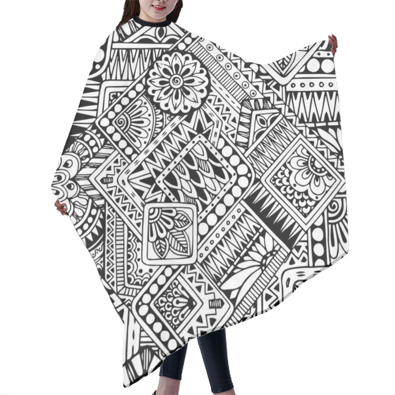 Personality  Seamless Asian Ethnic Floral Retro Doodle Black And White Pattern In Vector. Background With Geometric Elements. Hair Cutting Cape