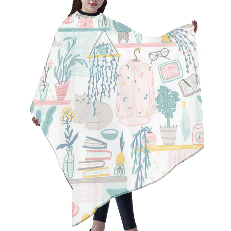 Personality  Cozy Home Pattern. Vector Hand Drawn Illustrations Of Cute Things And Pets In A Simple Cartoon Flat Scandinavian Style In A Pastel Palette. Stay At Home. Isolate On A White Background Hair Cutting Cape