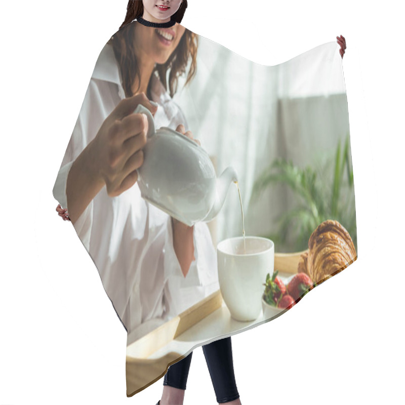 Personality  Cropped View Of Woman Pouring Tea To Cup At Morning  Hair Cutting Cape