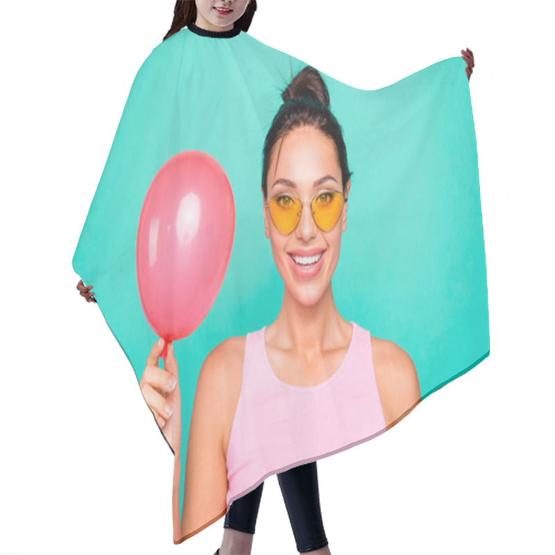 Personality  Close Up Photo Beautiful Funky Hairstyle She Her Lady Hold Hands Arms Air Balloon Birthday Congrats Best Friend Gift Present Wear Specs Casual Tank-top Isolated Bright Teal Turquoise Background Hair Cutting Cape