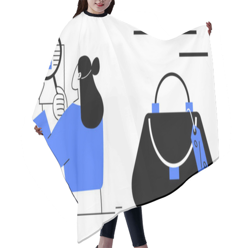 Personality  Woman Examining An ID Document With A Magnifying Glass Next To A Shopping Bag With A Price Tag. Ideal For Online Security, Shopping, Identification, Verification, Digital Security, E-commerce Hair Cutting Cape