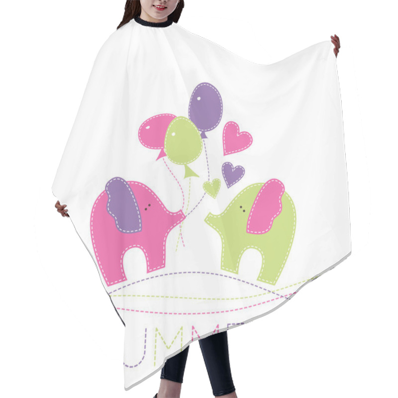 Personality  Vector Illustration With Two Little Elephants, Baloons And Heart Hair Cutting Cape