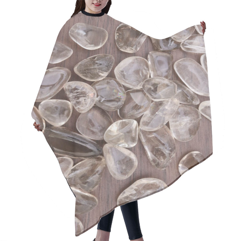 Personality  Smoky Quartz Heap Up Jewel Stones Texture On Brown Varnished Wood Background Hair Cutting Cape