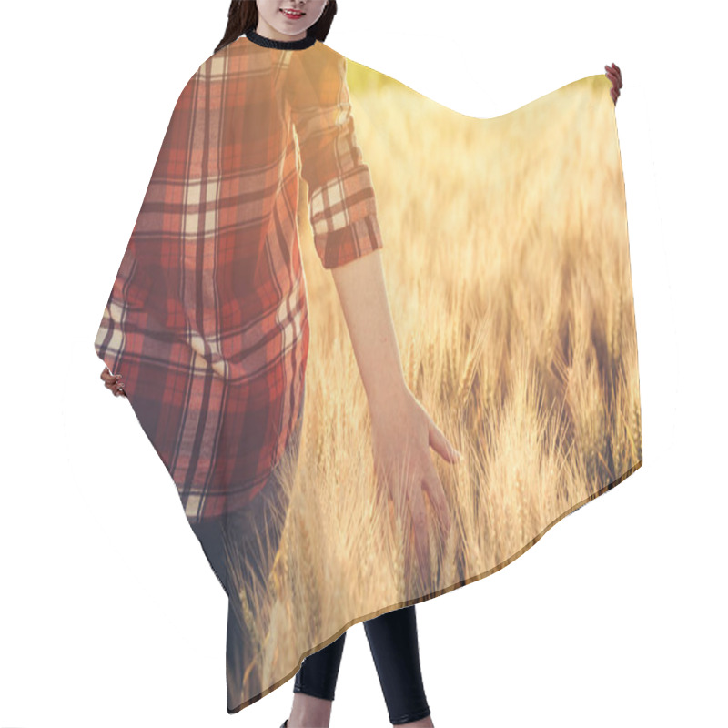 Personality  Female Farmer In Plaid Shirt Touching Wheat Crop Ears Hair Cutting Cape