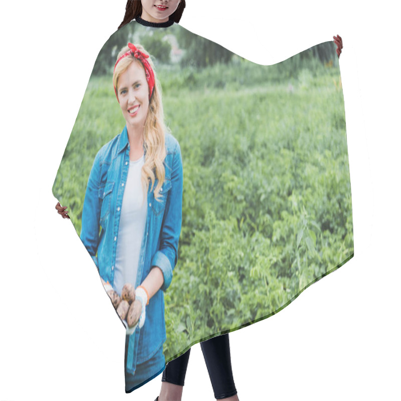 Personality  Smiling Attractive Farmer Holding Ripe Potatoes In Field At Farm And Looking At Camera Hair Cutting Cape