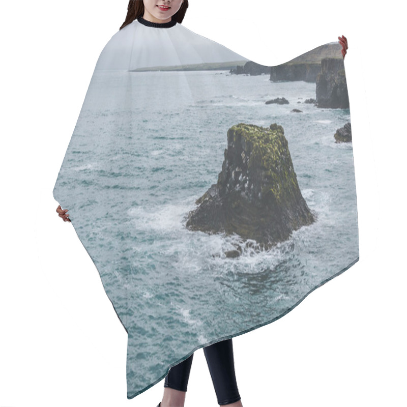 Personality  Scenic Shot Of Rocks And Cliff In Blue Ocean In Arnarstapi, Iceland On Stormy Day Hair Cutting Cape