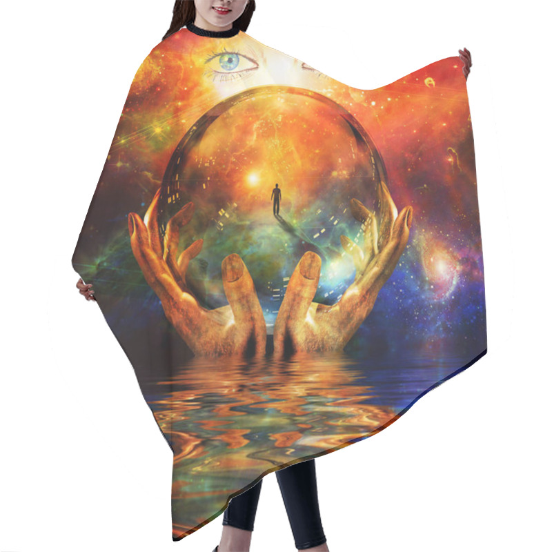 Personality  Glass Ball In Hands With Abstract Background Hair Cutting Cape