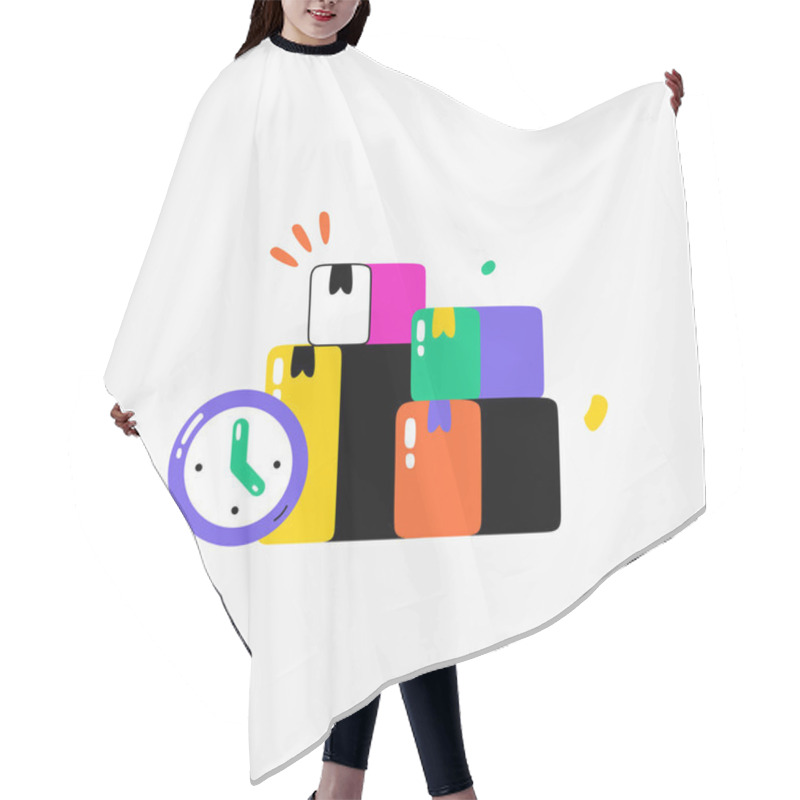 Personality  Stack Of Packages With A Clock, Symbolizing Timely Delivery, Logistics, And Shipping Deadlines. Ideal For Illustrating Delivery Schedules, Logistics Efficiency, And Shipping Services. Hair Cutting Cape