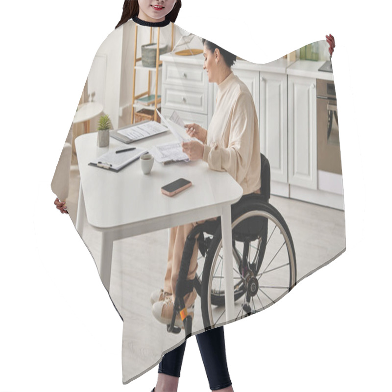 Personality  A Disabled Woman In A Wheelchair Engaging In Remote Work At A Kitchen Table. Hair Cutting Cape