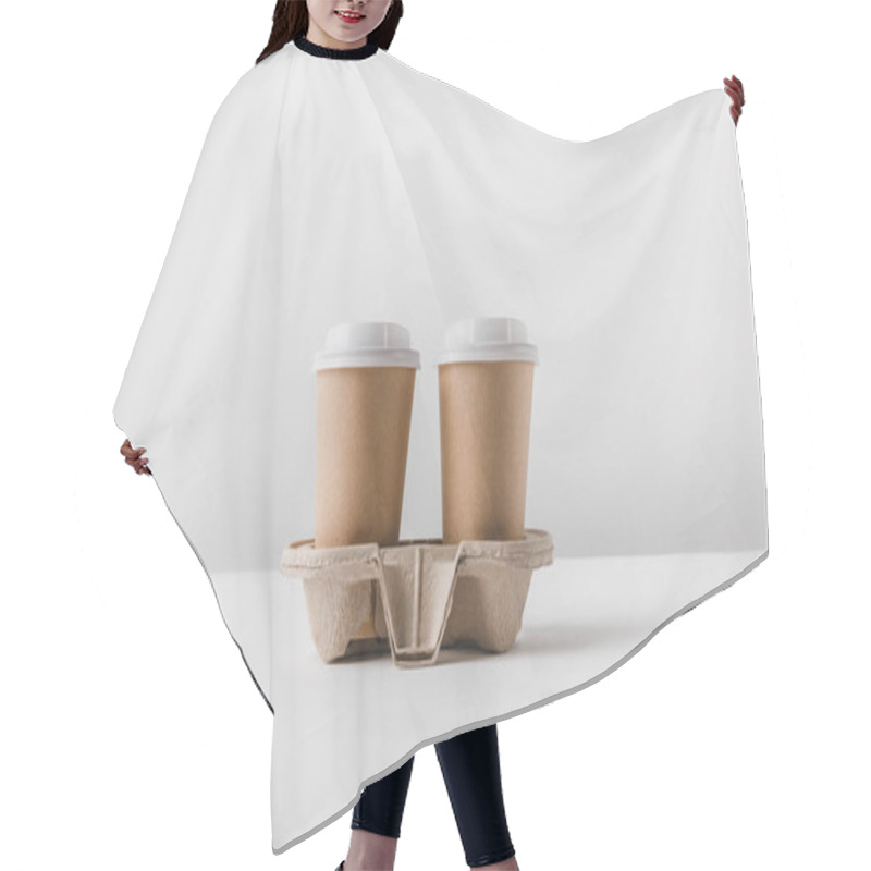 Personality  Two Coffee In Paper Cups In Cardboard Tray On Tabletop Hair Cutting Cape