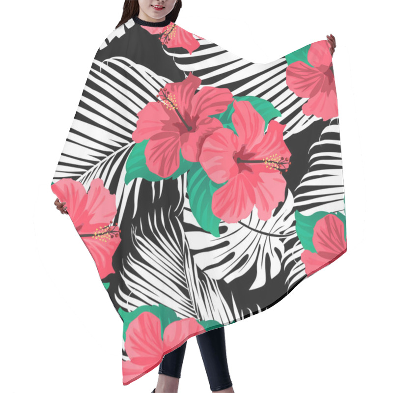 Personality  Tropical Flowers And Palm Leaves On Background. Seamless. Vector Pattern.  Hair Cutting Cape