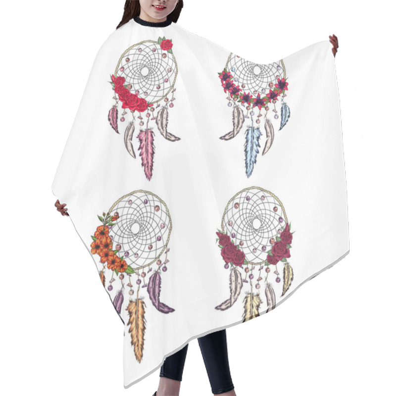 Personality  Hand Drawn Illustration Of Dream Catcher Setwith Flowers, Native American Poster Hair Cutting Cape