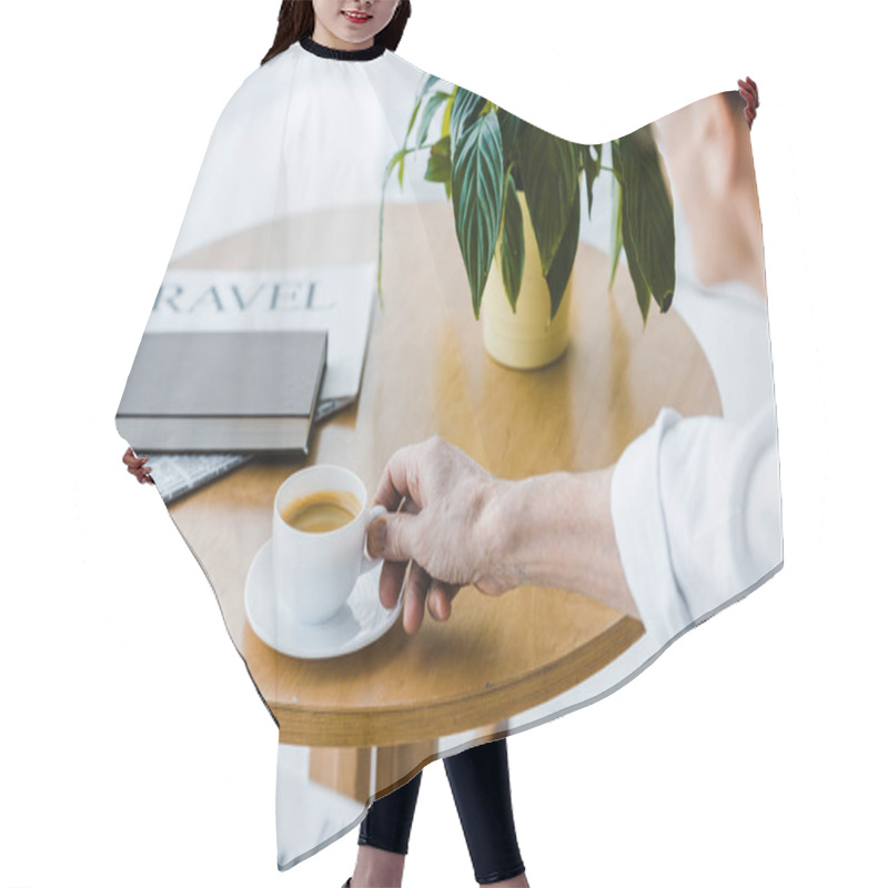 Personality  Cropped View Of Senior Man Holding Cup With Coffee At Home Hair Cutting Cape