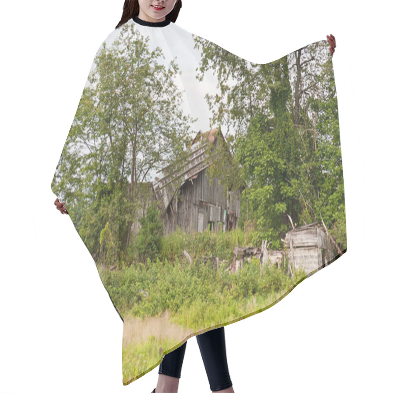 Personality  An Old, Ruined Wooden Barn Surrounded By Trees And Weeds Hair Cutting Cape