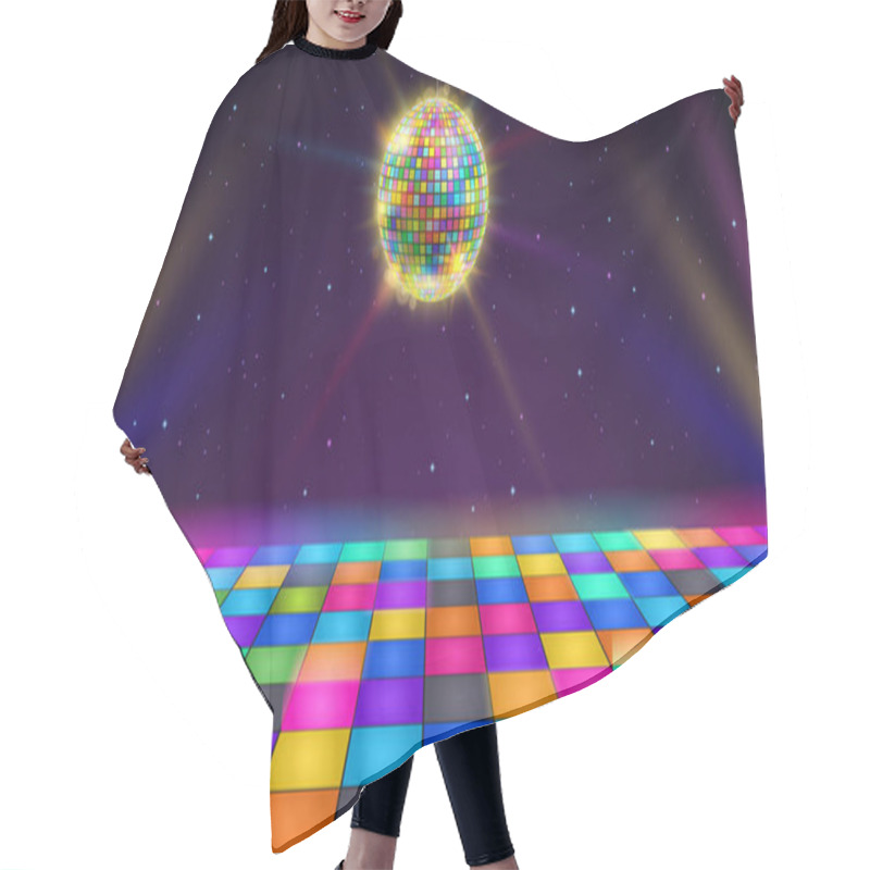 Personality  Disco Dance Floor. Retro Party Scene With LED Squares Grid Glowing Floor, Disco Ball And Starry Night Sky Vector Background Illustration. Neon Colorful Tiles, Rainbow Shining Ball For Dj Event Hair Cutting Cape