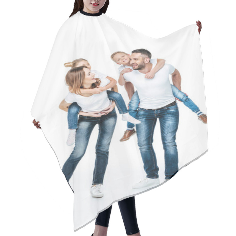 Personality  Parents Piggybacking Happy Children Hair Cutting Cape