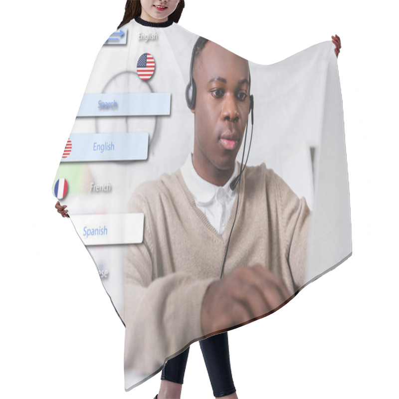 Personality  Young African American Interpreter In Headset Typing On Laptop On Blurred Foreground, Illustration Of Translation App Interface Hair Cutting Cape