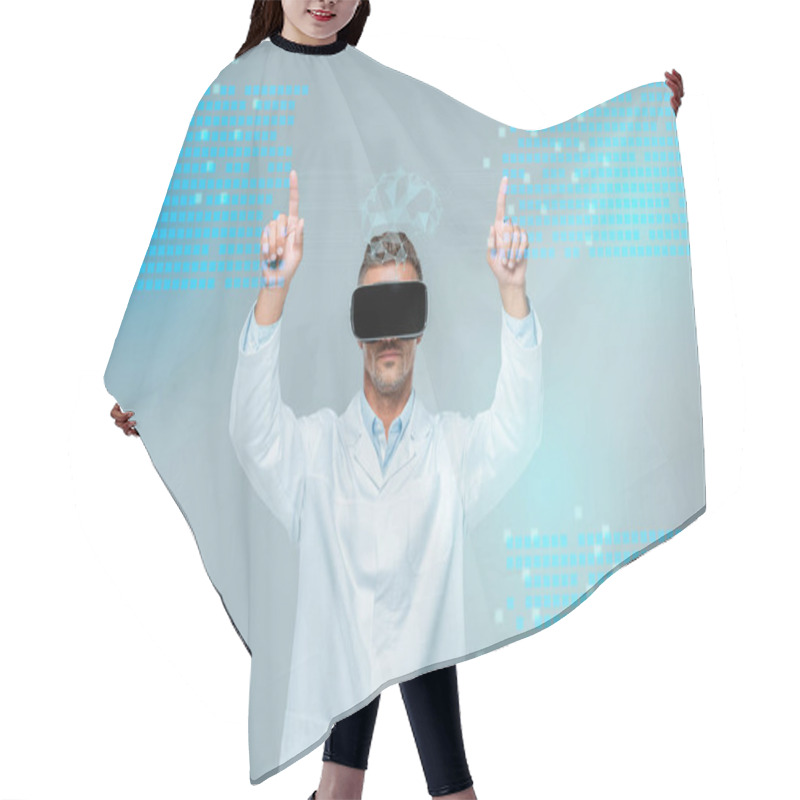 Personality  Scientist In Virtual Reality Headset Touching Medical Interface With Brain Isolated On Grey, Artificial Intelligence Concept Hair Cutting Cape