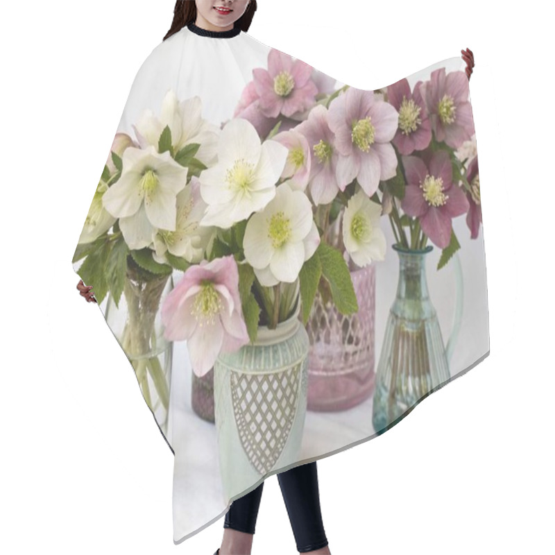 Personality  The Hellebore, With Its Large, Delicate Blooms In Shades Of White, Pink, And Purple, Is Showcased In This Panoramic Floral Arrangement. Known For Its Winter Blooming Nature, These Elegant Flowers Are Arranged In A Variety Of Vases, From Traditional C Hair Cutting Cape