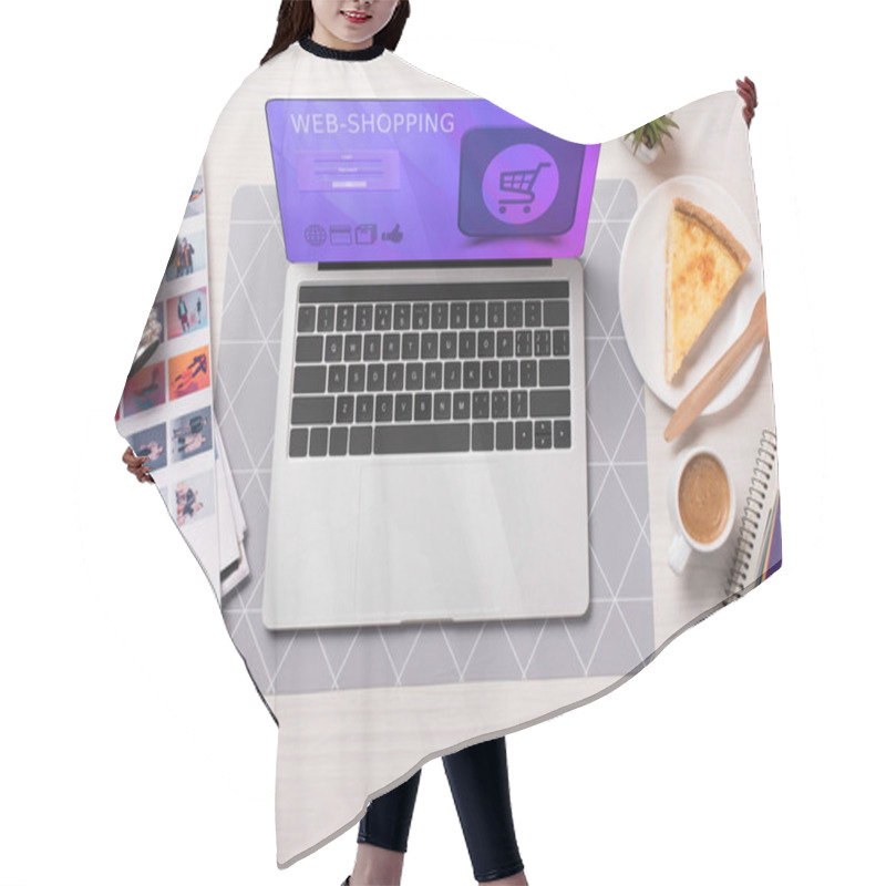 Personality  Office Desk With Laptop With Shopping Website On Screen, Flat Lay Hair Cutting Cape