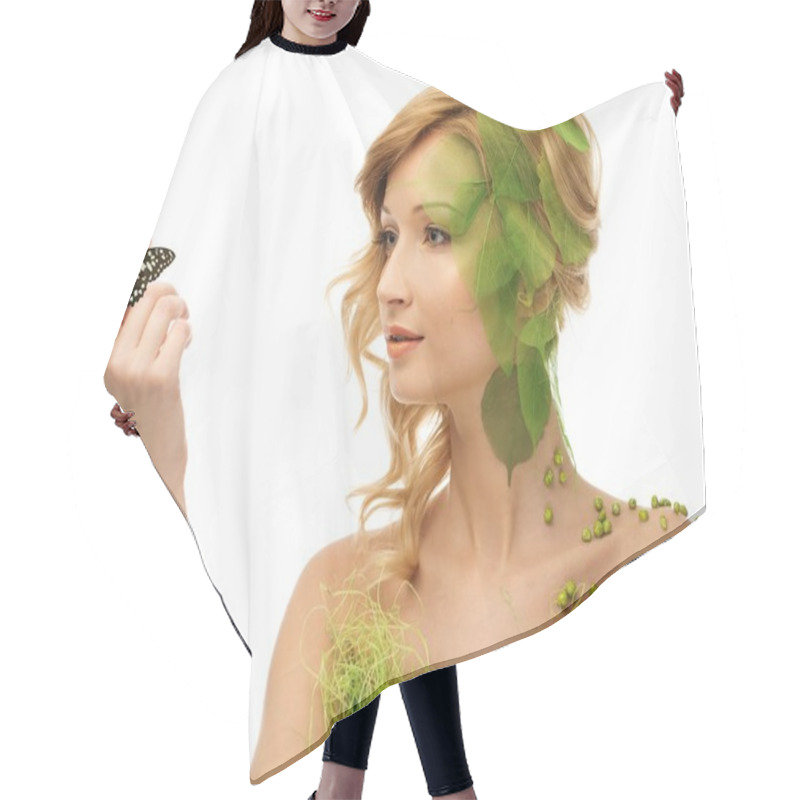 Personality  Beautiful Young Woman In Conceptual Spring Costume With Butterfly On Her Hand Hair Cutting Cape