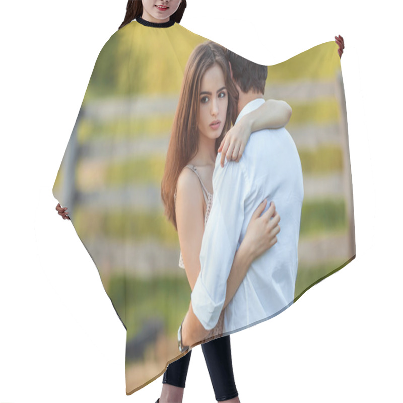 Personality  Beautiful Young Couple In Love Outdoors Hair Cutting Cape