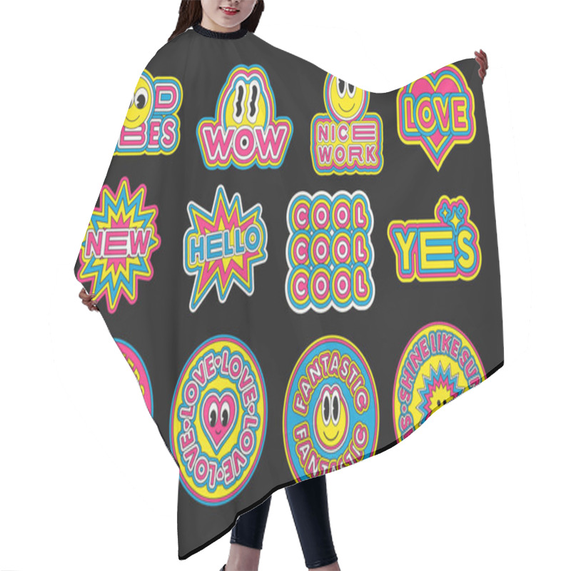 Personality  Set Of Pop Art Stickers Vector Design. Cool Trendy Emoticon Smile Patches. Cute Badges. Hair Cutting Cape