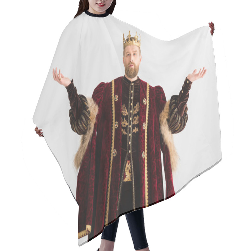 Personality  King With Crown Showing Outstretched Hands Isolated On Grey Hair Cutting Cape