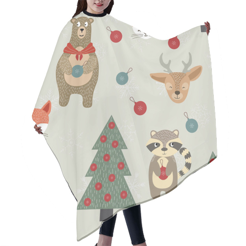 Personality  Winter Deer And Fox Vector Seamless Pattern.  Hair Cutting Cape