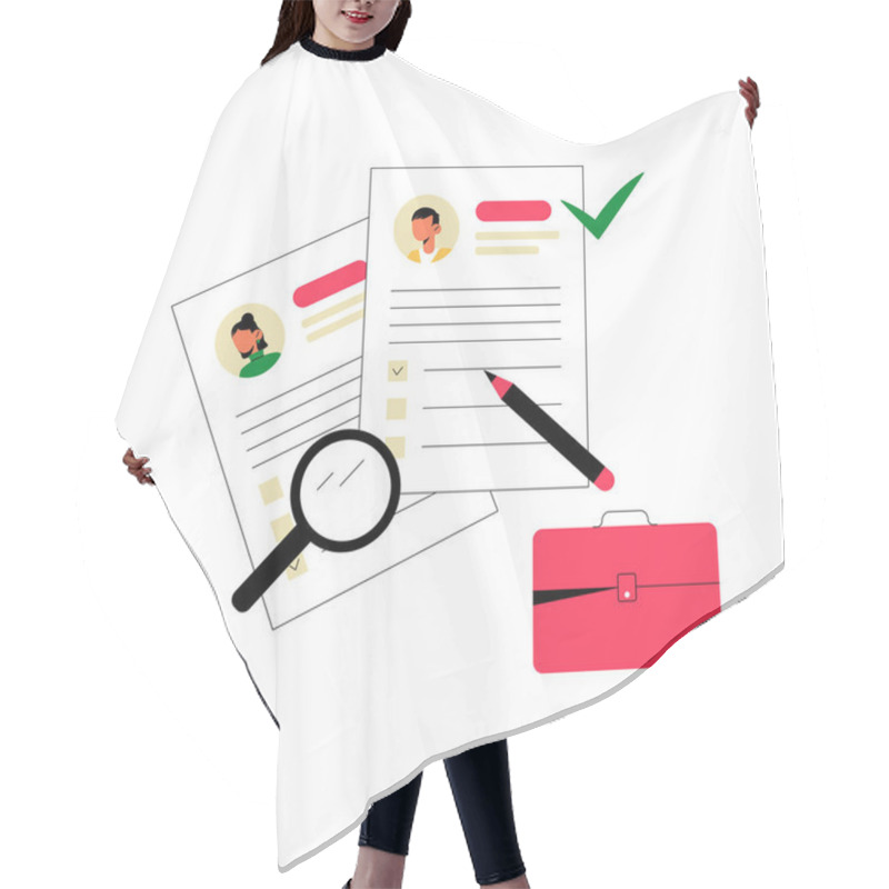 Personality  Magnifying Glass Over Two Resumes With A Pen And Red Briefcase, Symbolizing Recruitment, Job Selection, And Human Resources Evaluation Process. Hair Cutting Cape