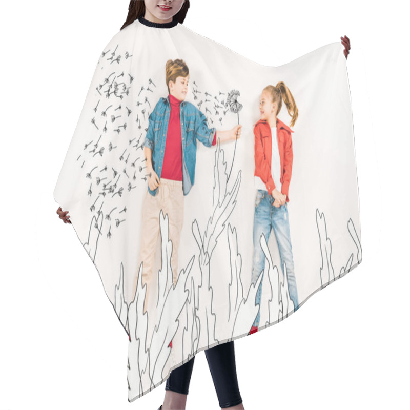 Personality  Top View Of Happy Kid Gesturing Near Friend And Dandelion Seeds On White  Hair Cutting Cape