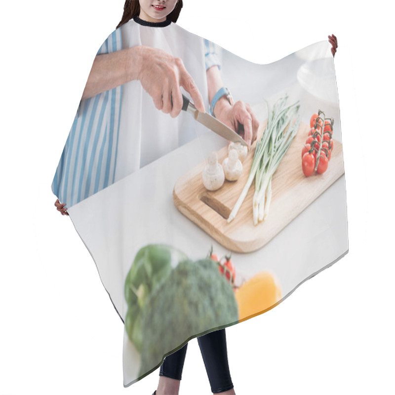 Personality  Cropped Shot Of Senior Lady Cutting Mushrooms While Cooking Dinner At Counter In Kitchen Hair Cutting Cape