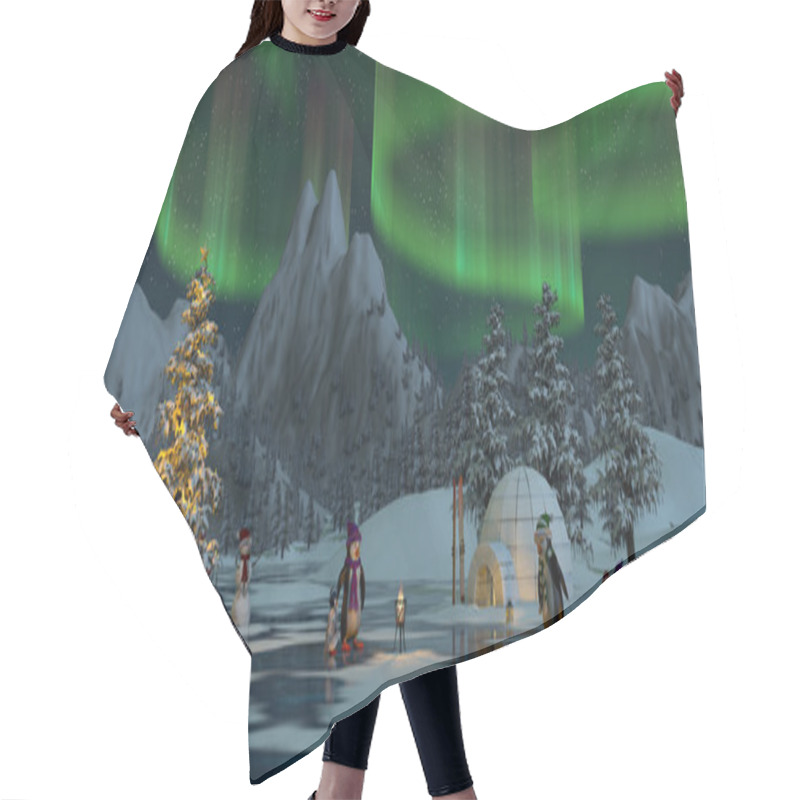 Personality  Penguins Under The Northern Lights At Christmas Time, 3d Render Hair Cutting Cape